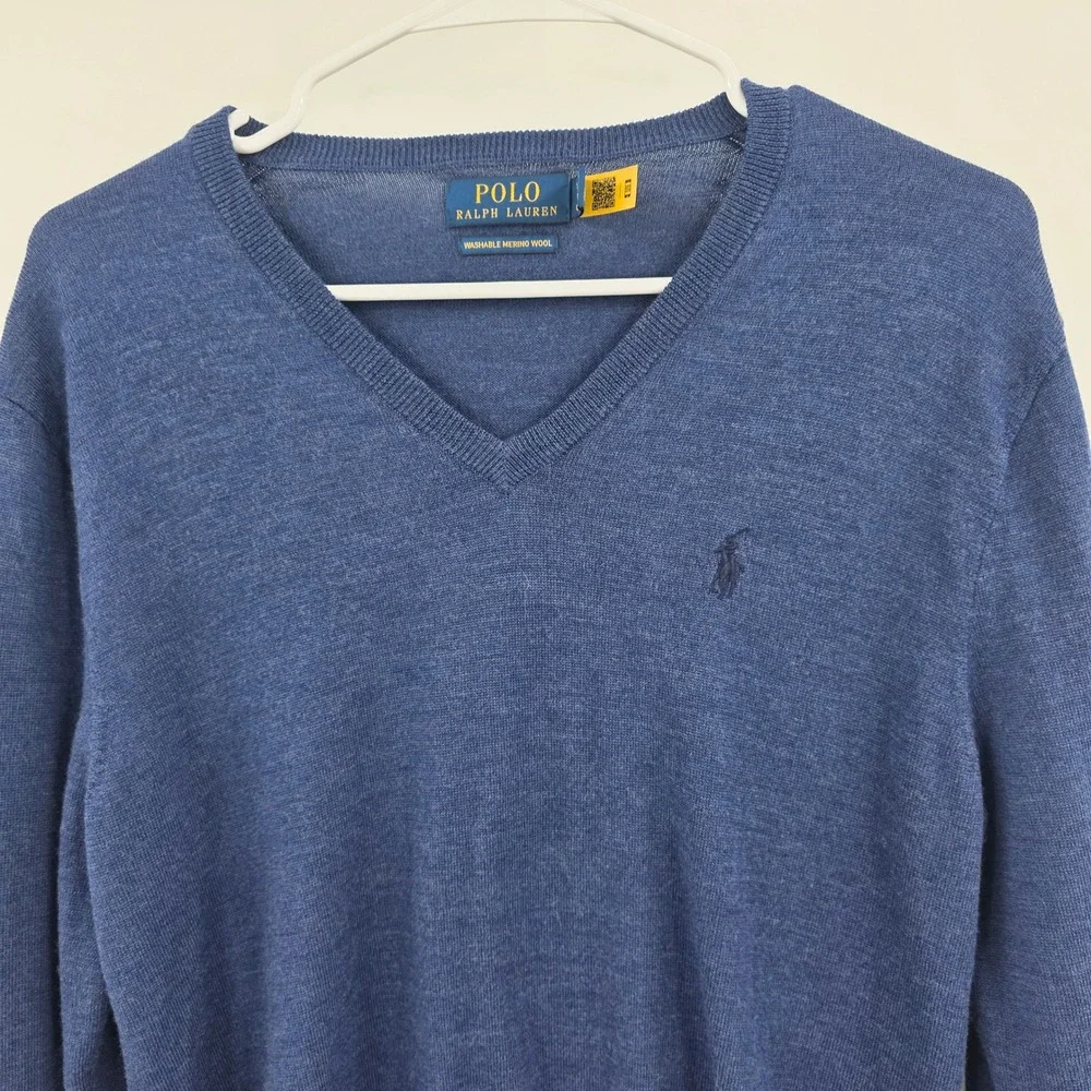 POLO RALPH LAUREN MERINO WOOL SWEATER MENS SMALL BLUE V NECK WASHABLE PREPPY